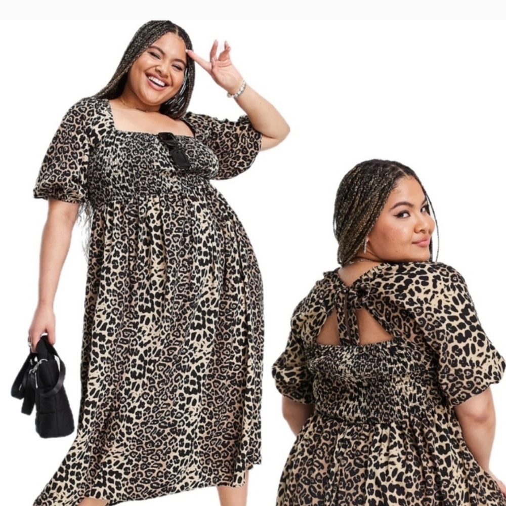 ASOS Leopard Print Puff Sleeve Smocked Waist Maxi